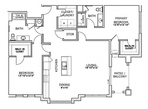 Floor plan for 2 beds, 2 baths, 1394 sqft